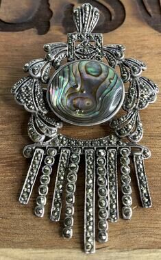 Gorgeous Vintage Abalone Marcasite ND Sterling Silver Fringe Pendant Brooch 12g